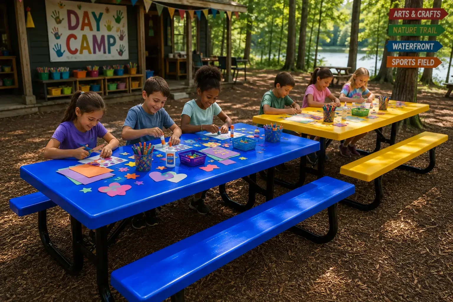 Children using colorful fiberglass picnic tables for arts and crafts at an outdoor day camp.